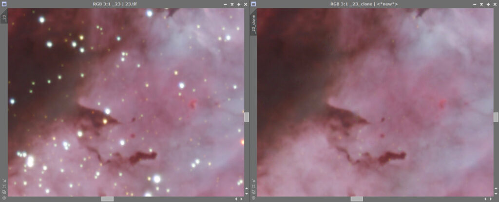 Complex image region where StarNet misses tiny stars and leaves artifacts.