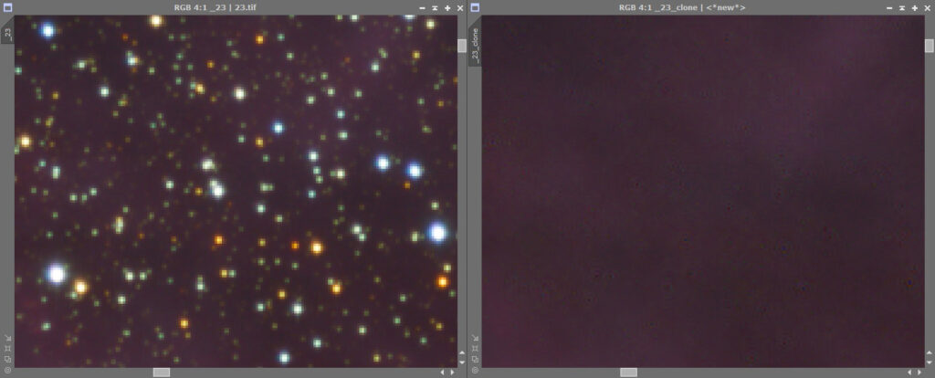Tight bright stars before and after StarNet showing radiating artifacts.