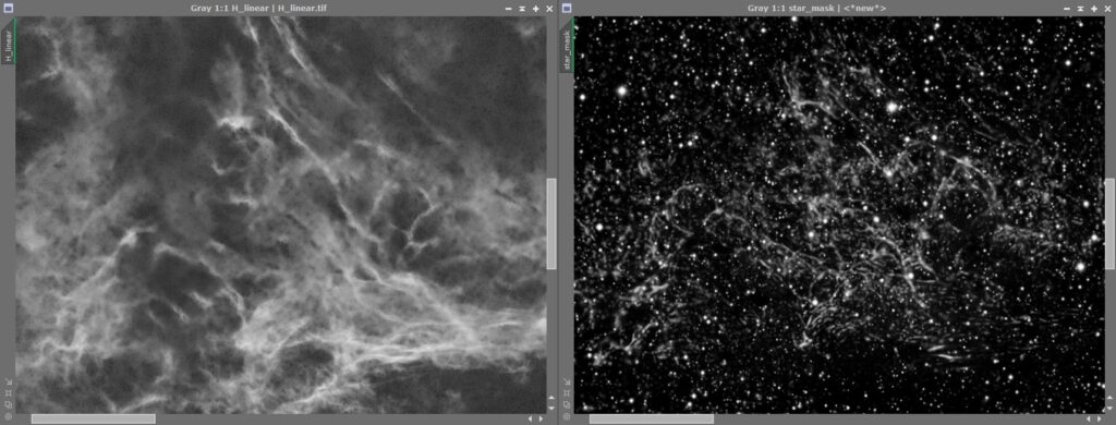 Zoomed Veil Nebula region showing bright filaments removed by StarNet.