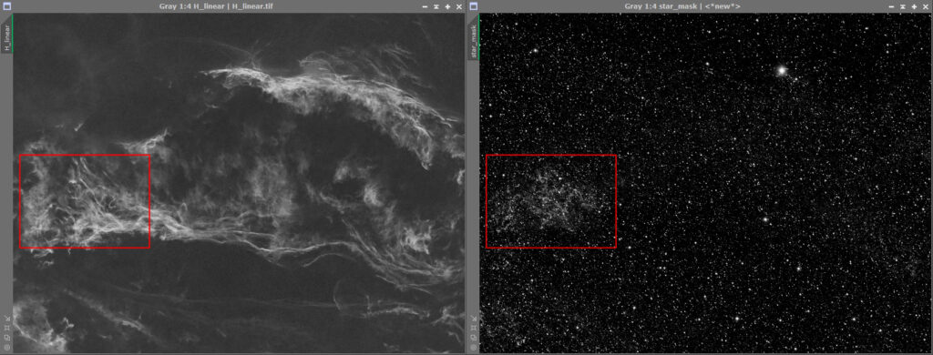 Veil Nebula region showing starless result and star mask after automatic stretch.