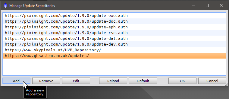 PixInsight repository manager window with Add button.