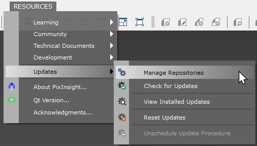 PixInsight Resources Updates Manage Repositories menu path.