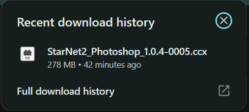 Browser download history showing the completed StarNet2 CCX download.
