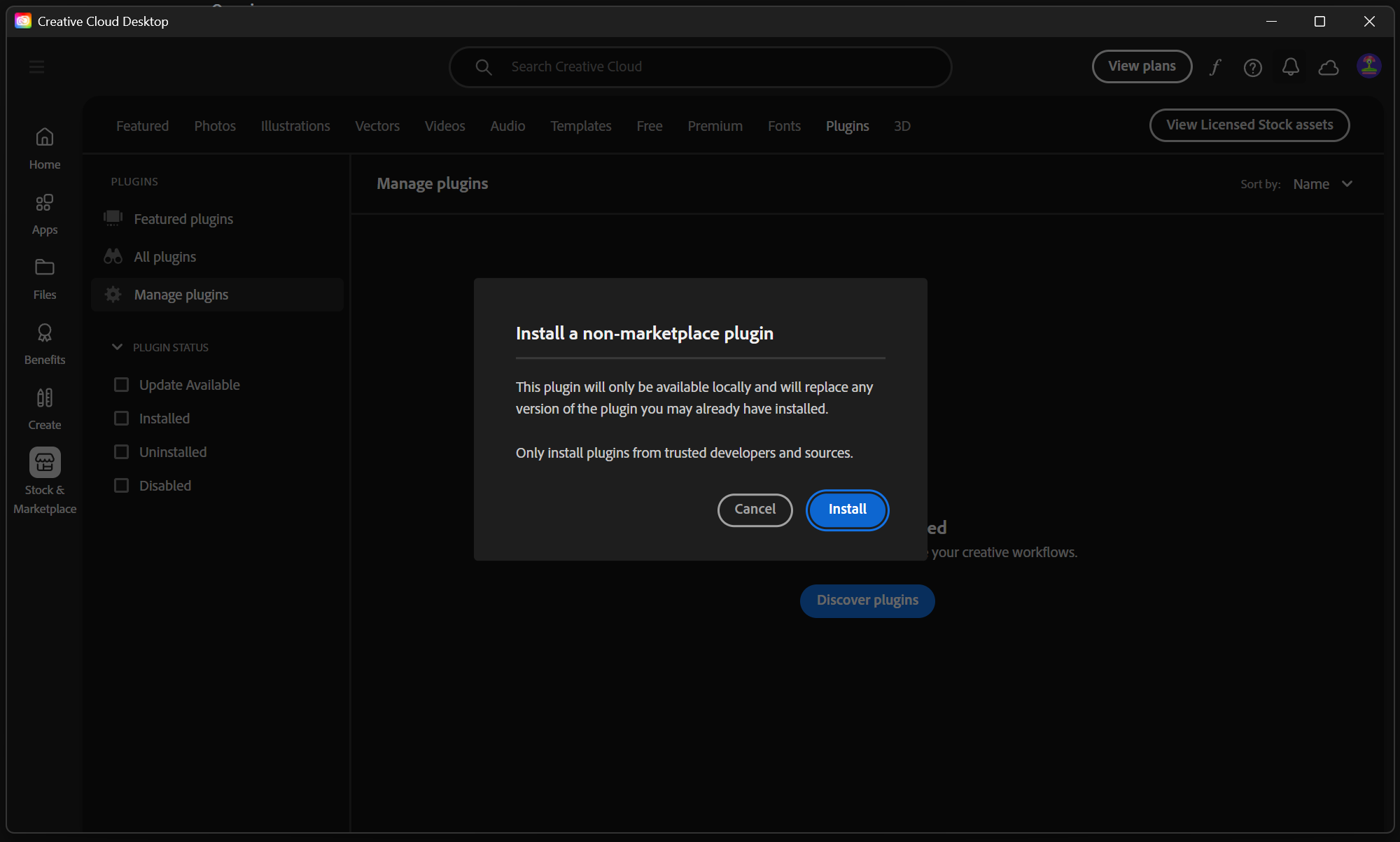 Creative Cloud Desktop non-marketplace plugin confirmation with an Install button.
