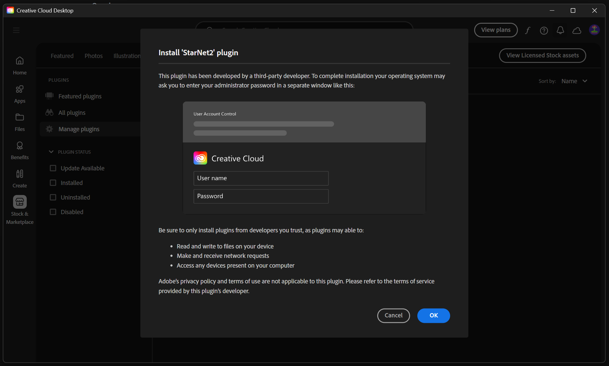 Creative Cloud Desktop explaining third-party plugin permissions and possible administrator approval, with an OK button.
