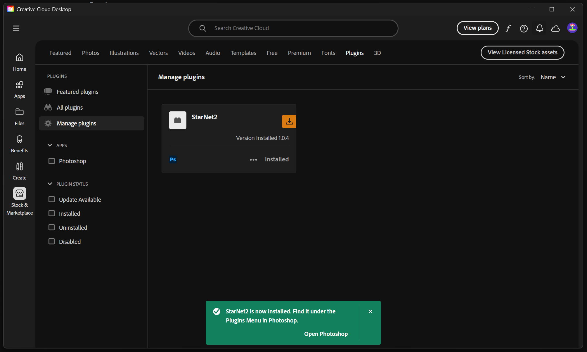 Creative Cloud Desktop showing StarNet2 as Installed and a successful installation message.