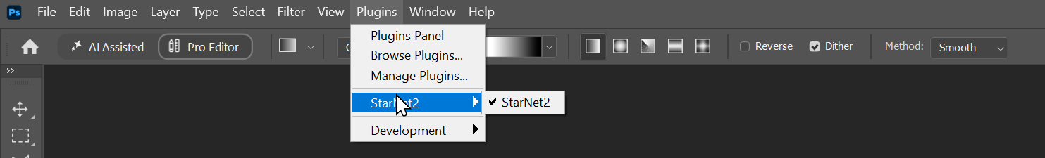 Photoshop Plugins menu expanded to StarNet2, with the StarNet2 panel entry in its submenu.