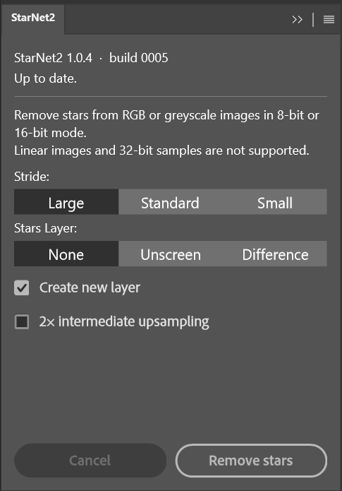 StarNet2 panel after license acceptance, showing version information, stride, stars layer and upsampling controls.